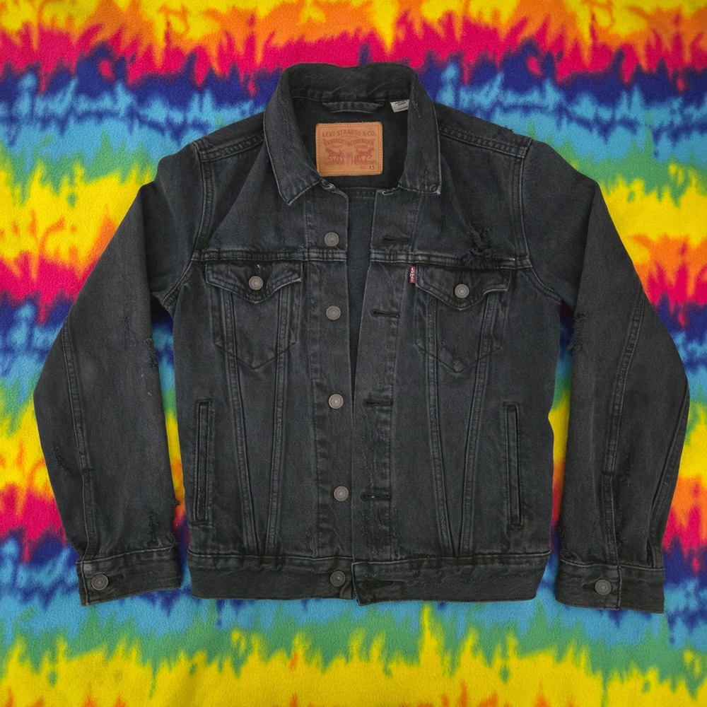 Levis Black Distressed Denim Trucker Jacket Mens XS Faded Wash Button Front